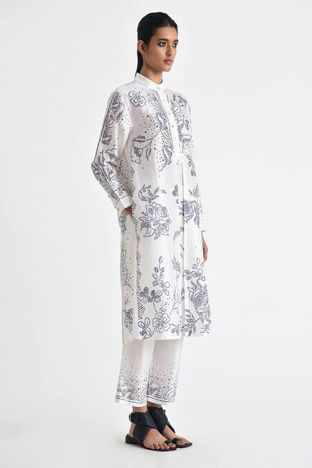 Payal Pratap Ivory Silk Embroidery Mandarin Collar Iaroki Floral Vine Print Tunic With Pant Online at Aza Fashions Payal Pratap_Ivory Silk Embroidery Mandarin Collar Iaroki Floral Vine Print Tunic With Pant _Online_at_Aza_Fashions