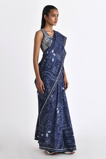 Payal Pratap_Blue Silk Sequins, Embroidery Adeline Bandhani Print Saree _Online_at_Aza_Fashions