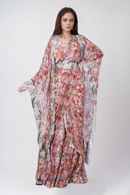 Buy Anamika Khanna Red Cotton, Chiffon Embroidery Scoop Neck Floral Print Cape Flared Pant Set Online at Aza Fashions Buy_Anamika Khanna_Red Cotton, Chiffon Embroidery Scoop Neck Floral Print Cape Flared Pant Set_Online_at_Aza_Fashions