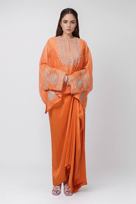 Buy Anamika Khanna Orange Cotton Embroidery Round Neck Boxy Top And Draped Skirt Set Online at Aza Fashions Buy_Anamika Khanna_Orange Cotton Embroidery Round Neck Boxy Top And Draped Skirt Set_Online_at_Aza_Fashions