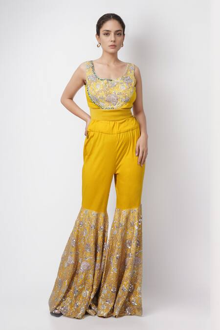 Shop Anamika Khanna Yellow Cotton, Georgette Sequins, Embroidery Round Neck Sharara Cape Set Online at Aza Fashions Shop_Anamika Khanna_Yellow Cotton, Georgette Sequins, Embroidery Round Neck Sharara Cape Set_Online_at_Aza_Fashions