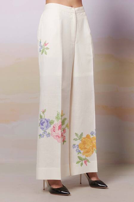 Moh India Ivory Linen Embroidery Cross-stitch Rose Summer Trouser Online at Aza Fashions Moh India_Ivory Linen Embroidery Cross-stitch Rose Summer Trouser _Online_at_Aza_Fashions