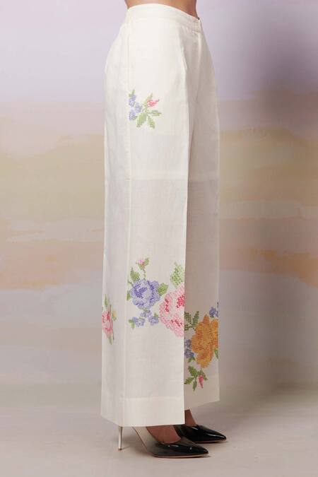Buy Moh India Ivory Linen Embroidery Cross-stitch Rose Summer Trouser Online at Aza Fashions Buy_Moh India_Ivory Linen Embroidery Cross-stitch Rose Summer Trouser _Online_at_Aza_Fashions