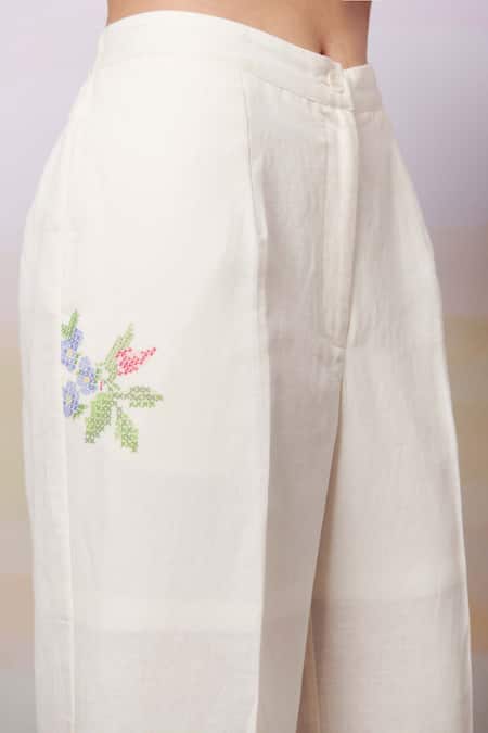 Shop Moh India Ivory Linen Embroidery Cross-stitch Rose Summer Trouser Online at Aza Fashions Shop_Moh India_Ivory Linen Embroidery Cross-stitch Rose Summer Trouser _Online_at_Aza_Fashions