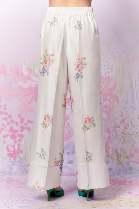 Moh India_Ivory Pure Chanderi Silk With Mulmul Cotton Lining Embroidery Summer Trouser _Online_at_Aza_Fashions