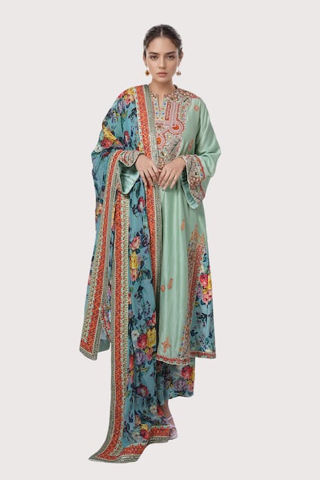 Debyani + CO Blue Cotton Sequins, Embroidery Split V-neck Floral A-line Kurta Set