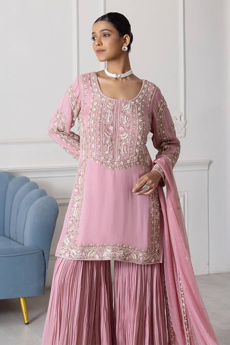 Raj Arora_Pink Georgette Cut Work, Sequins, Pearls, Cutdana And Kurta Sharara Set _Online_at_Aza_Fashions
