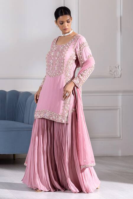 Buy_Raj Arora_Pink Georgette Cut Work, Sequins, Pearls, Cutdana And Kurta Sharara Set _Online_at_Aza_Fashions