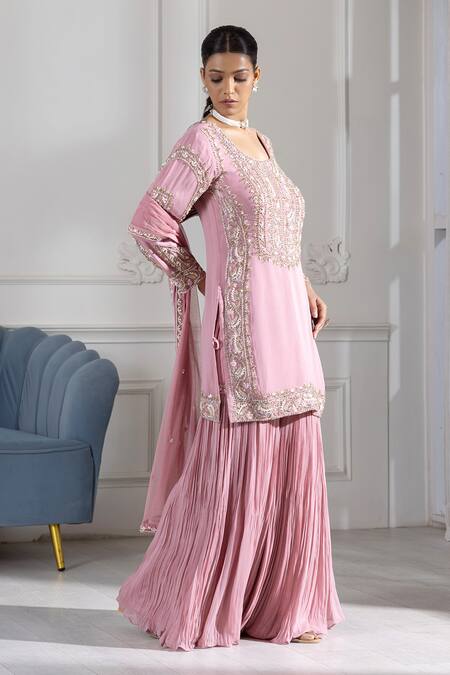 Shop_Raj Arora_Pink Georgette Cut Work, Sequins, Pearls, Cutdana And Kurta Sharara Set _Online_at_Aza_Fashions