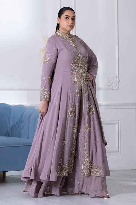 Raj Arora_Purple Georgette Cut Work, Sequins High Neck Embroidered Anarkali Sharara Set _Online_at_Aza_Fashions