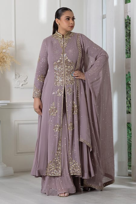 Buy_Raj Arora_Purple Georgette Cut Work, Sequins High Neck Embroidered Anarkali Sharara Set _Online_at_Aza_Fashions