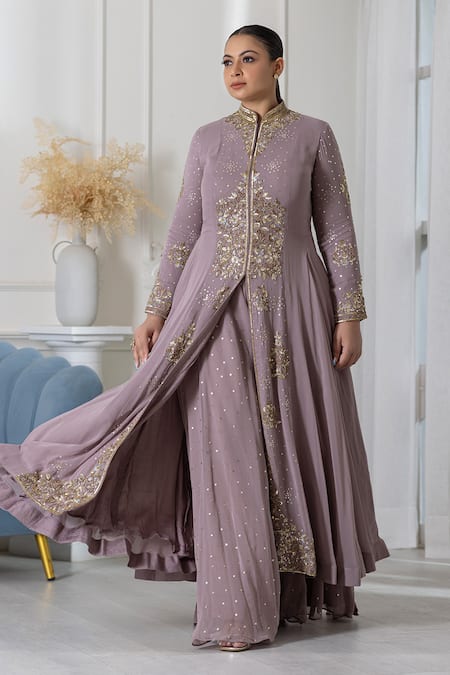 Shop_Raj Arora_Purple Georgette Cut Work, Sequins High Neck Embroidered Anarkali Sharara Set _Online_at_Aza_Fashions