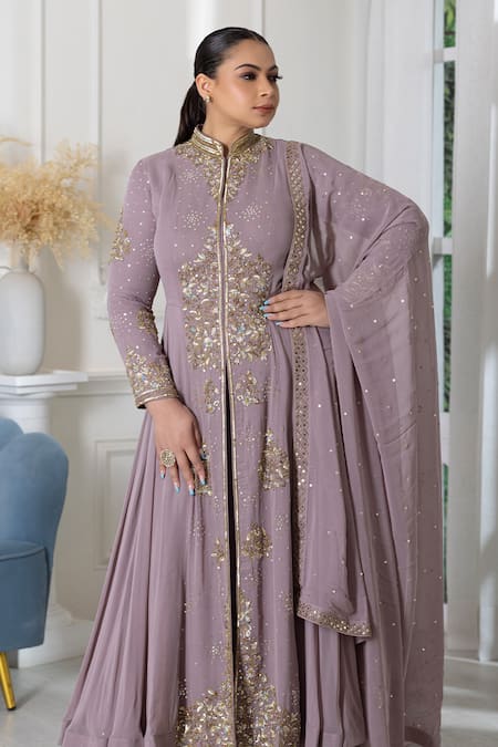 Raj Arora_Purple Georgette Cut Work, Sequins High Neck Embroidered Anarkali Sharara Set _at_Aza_Fashions