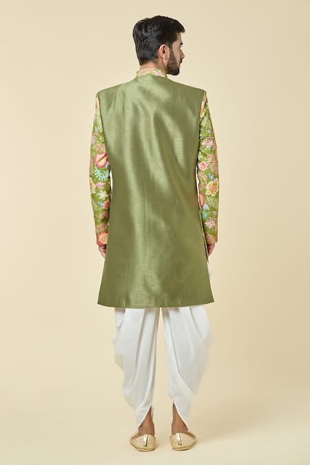 Shop Arihant Rai Sinha Green Silk, Cotton Embroidery Floral Print Attached Jacket Kurta With Dhoti Pant at Aza Fashions Shop_Arihant Rai Sinha_Green Silk, Cotton Embroidery Floral Print Attached Jacket Kurta With Dhoti Pant _at_Aza_Fashions