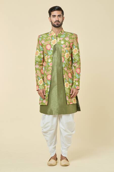 Buy Arihant Rai Sinha Green Silk, Cotton Embroidery Floral Print Attached Jacket Kurta With Dhoti Pant Online at Aza Fashions Buy_Arihant Rai Sinha_Green Silk, Cotton Embroidery Floral Print Attached Jacket Kurta With Dhoti Pant _Online_at_Aza_Fashions