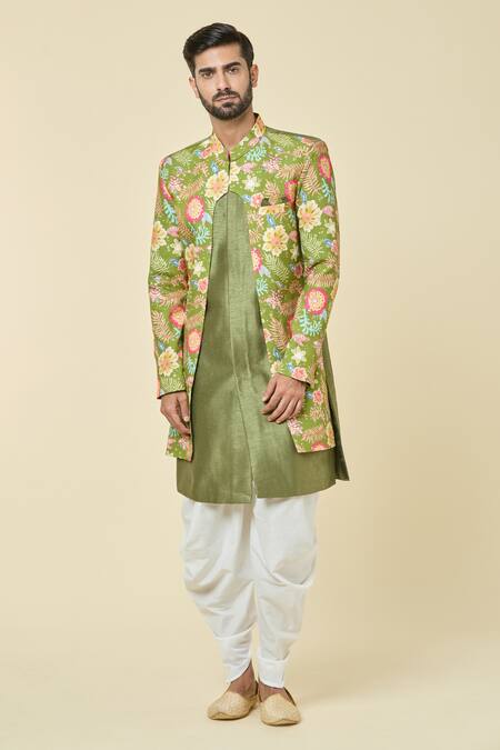 Arihant Rai Sinha Green Silk, Cotton Embroidery Floral Print Attached Jacket Kurta With Dhoti Pant at Aza Fashions Arihant Rai Sinha_Green Silk, Cotton Embroidery Floral Print Attached Jacket Kurta With Dhoti Pant _at_Aza_Fashions