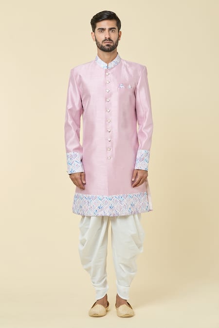 Buy_Arihant Rai Sinha_Pink , Satin Embroidery Placement Kurta With Peshwari Dhoti Pant _Online_at_Aza_Fashions