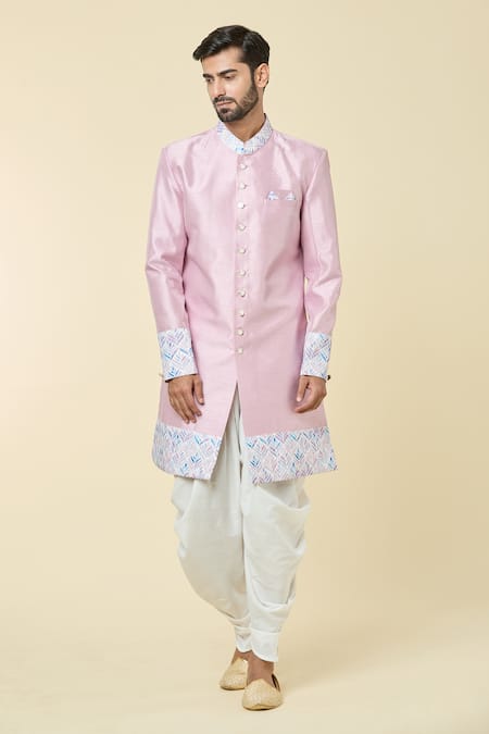 Arihant Rai Sinha_Pink , Satin Embroidery Placement Kurta With Peshwari Dhoti Pant _at_Aza_Fashions