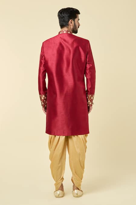 Shop Arihant Rai Sinha Maroon Silk Embroidery Placement Floral Pattern Kurta With Dhoti Pant at Aza Fashions Shop_Arihant Rai Sinha_Maroon Silk Embroidery Placement Floral Pattern Kurta With Dhoti Pant _at_Aza_Fashions