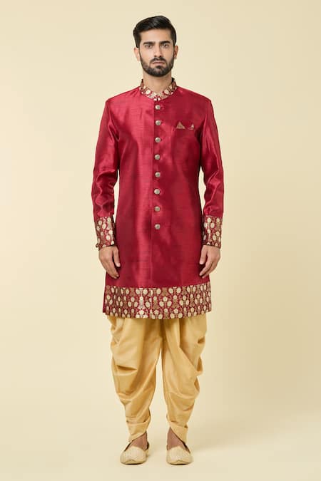 Arihant Rai Sinha Maroon Silk Embroidery Placement Floral Pattern Kurta With Dhoti Pant at Aza Fashions Arihant Rai Sinha_Maroon Silk Embroidery Placement Floral Pattern Kurta With Dhoti Pant _at_Aza_Fashions
