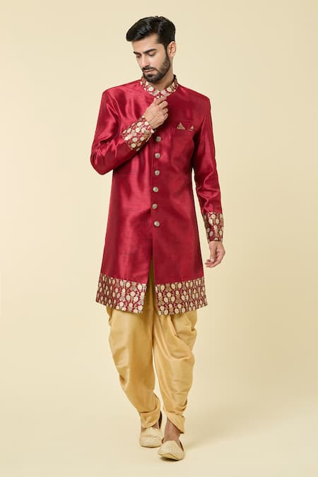 Buy Arihant Rai Sinha Maroon Silk Embroidery Placement Floral Pattern Kurta With Dhoti Pant Online at Aza Fashions Buy_Arihant Rai Sinha_Maroon Silk Embroidery Placement Floral Pattern Kurta With Dhoti Pant _Online_at_Aza_Fashions