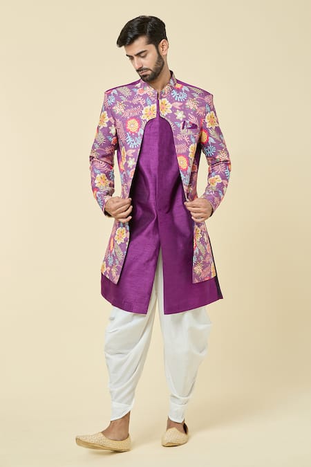 Arihant Rai Sinha Floral Garden Print Attached Jacket Kurta With Dhoti Pant 