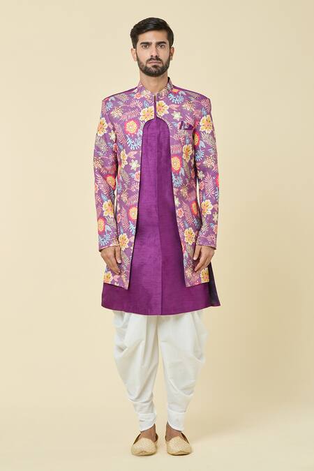 Arihant Rai Sinha_Purple Silk, Cotton Floral Garden Print Attached Jacket Kurta With Dhoti Pant _at_Aza_Fashions