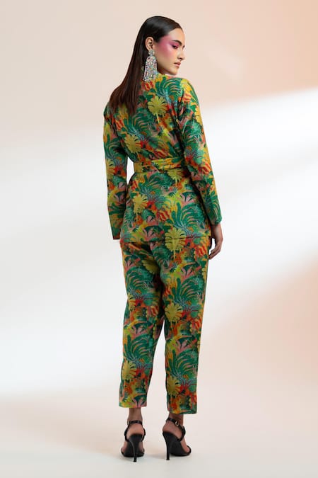 Shop Gazab by Miku Kumar Green Silk, Chanderi Buckles V-neck The Tuileries Garden Paris Jacket With Pant at Aza Fashions Shop_Gazab by Miku Kumar_Green Silk, Chanderi Buckles V-neck The Tuileries Garden Paris Jacket With Pant _at_Aza_Fashions