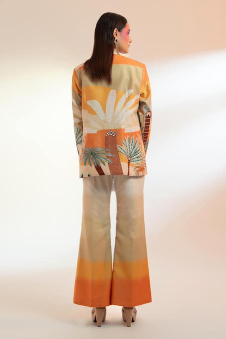 Shop Gazab by Miku Kumar Beige Silk, Chanderi Collared Les Cerfs Paris Printed Jacket With Pant at Aza Fashions Shop_Gazab by Miku Kumar_Beige Silk, Chanderi Collared Les Cerfs Paris Printed Jacket With Pant _at_Aza_Fashions