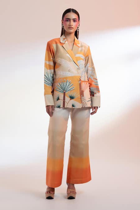 Gazab by Miku Kumar Beige Silk, Chanderi Collared Les Cerfs Paris Printed Jacket With Pant Online at Aza Fashions Gazab by Miku Kumar_Beige Silk, Chanderi Collared Les Cerfs Paris Printed Jacket With Pant _Online_at_Aza_Fashions