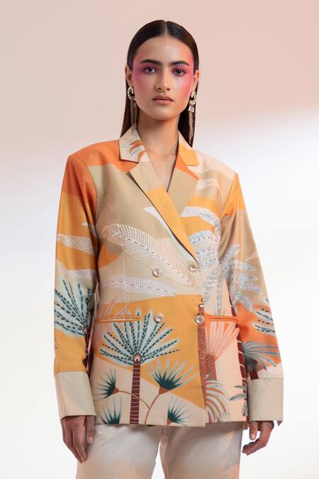 Buy Gazab by Miku Kumar Beige Silk, Chanderi Collared Les Cerfs Paris Printed Jacket With Pant Online at Aza Fashions Buy_Gazab by Miku Kumar_Beige Silk, Chanderi Collared Les Cerfs Paris Printed Jacket With Pant _Online_at_Aza_Fashions