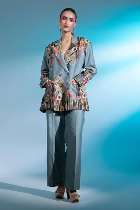 Gazab by Miku Kumar Blue Silk Chanderi Printed Floral Cactus Lapel Les Cerfs Paris Jacket With Pant 