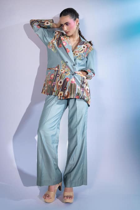 Gazab By Miku Kumar_Blue Silk, Chanderi Embroidery Collared Les Cerfs Paris Jacket With Pant _Online_at_Aza_Fashions