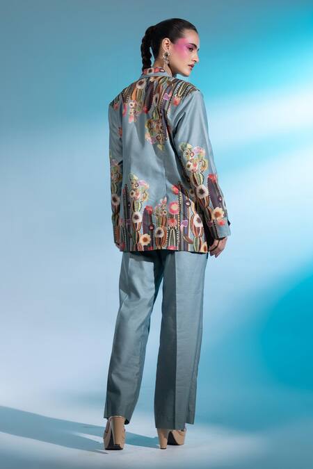 Buy_Gazab By Miku Kumar_Blue Silk, Chanderi Embroidery Collared Les Cerfs Paris Jacket With Pant _Online_at_Aza_Fashions