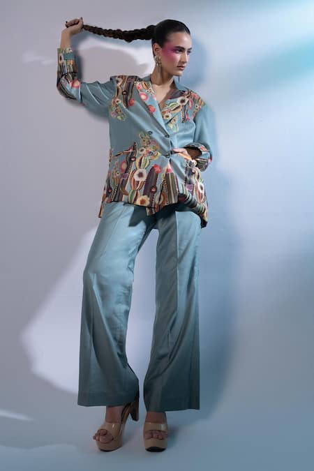 Shop_Gazab By Miku Kumar_Blue Silk, Chanderi Embroidery Collared Les Cerfs Paris Jacket With Pant _Online_at_Aza_Fashions
