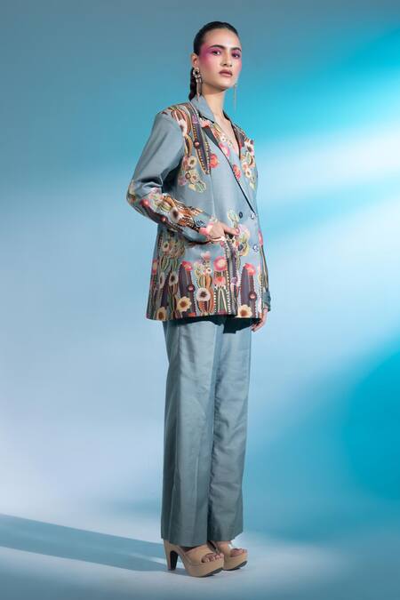 Gazab By Miku Kumar_Blue Silk, Chanderi Embroidery Collared Les Cerfs Paris Jacket With Pant _at_Aza_Fashions