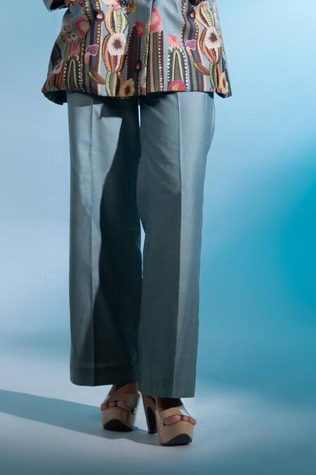 Buy_Gazab By Miku Kumar_Blue Silk, Chanderi Embroidery Collared Les Cerfs Paris Jacket With Pant 