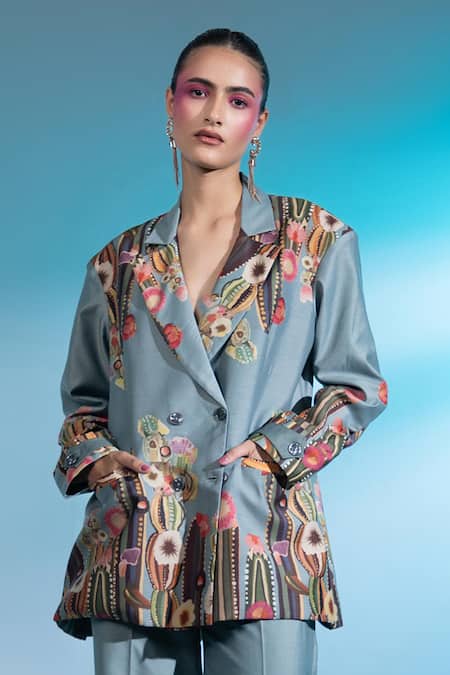 Shop_Gazab By Miku Kumar_Blue Silk, Chanderi Embroidery Collared Les Cerfs Paris Jacket With Pant 