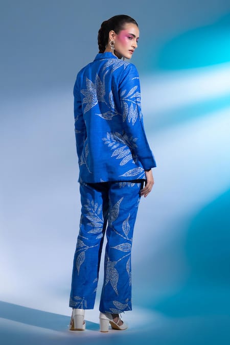 Shop Gazab by Miku Kumar Blue Kota Doria Embroidery V-neck Foliage Print Jacket With Pant at Aza Fashions Shop_Gazab by Miku Kumar_Blue Kota Doria Embroidery V-neck Foliage Print Jacket With Pant _at_Aza_Fashions
