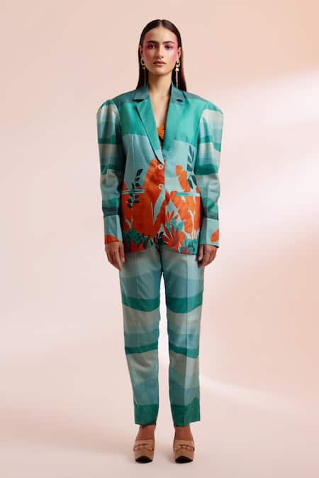 Gazab by Miku Kumar Blue Jacket And Pant Silk Chanderi Printed Palm Tree The Crotoy Paris Set 