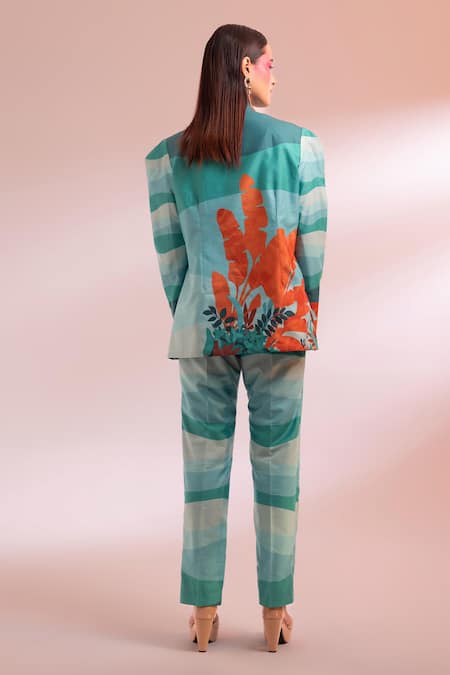 Shop Gazab by Miku Kumar Blue Chanderi, Silk, Satin Open Neck, The Crotoy Paris Jacket Pant Set at Aza Fashions Shop_Gazab by Miku Kumar_Blue Chanderi, Silk, Satin Open Neck, The Crotoy Paris Jacket Pant Set _at_Aza_Fashions