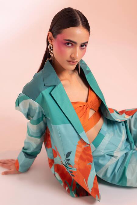 Gazab by Miku Kumar Blue Chanderi, Silk, Satin Open Neck, The Crotoy Paris Jacket Pant Set Online at Aza Fashions Gazab by Miku Kumar_Blue Chanderi, Silk, Satin Open Neck, The Crotoy Paris Jacket Pant Set _Online_at_Aza_Fashions