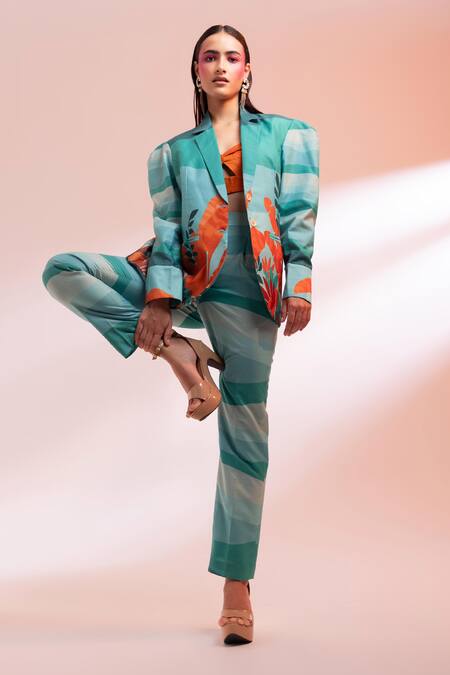 Buy Gazab by Miku Kumar Blue Chanderi, Silk, Satin Open Neck, The Crotoy Paris Jacket Pant Set Online at Aza Fashions Buy_Gazab by Miku Kumar_Blue Chanderi, Silk, Satin Open Neck, The Crotoy Paris Jacket Pant Set _Online_at_Aza_Fashions