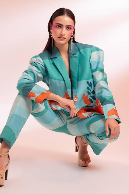 Shop Gazab by Miku Kumar Blue Chanderi, Silk, Satin Open Neck, The Crotoy Paris Jacket Pant Set Shop_Gazab by Miku Kumar_Blue Chanderi, Silk, Satin Open Neck, The Crotoy Paris Jacket Pant Set