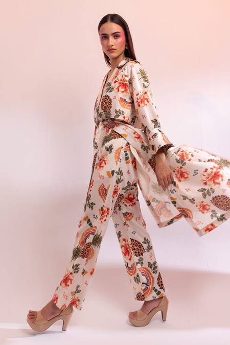 Gazab by Miku Kumar Multi Color Linen Collared Parc Floral De Paris Trench Jacket With Pant Online at Aza Fashions Gazab by Miku Kumar_Multi Color Linen Collared Parc Floral De Paris Trench Jacket With Pant _Online_at_Aza_Fashions
