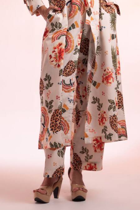 Shop Gazab by Miku Kumar Multi Color Linen Collared Parc Floral De Paris Trench Jacket With Pant Online at Aza Fashions Shop_Gazab by Miku Kumar_Multi Color Linen Collared Parc Floral De Paris Trench Jacket With Pant _Online_at_Aza_Fashions