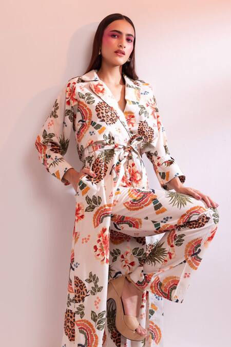 Gazab by Miku Kumar Multi Color Linen Collared Parc Floral De Paris Trench Jacket With Pant at Aza Fashions Gazab by Miku Kumar_Multi Color Linen Collared Parc Floral De Paris Trench Jacket With Pant _at_Aza_Fashions