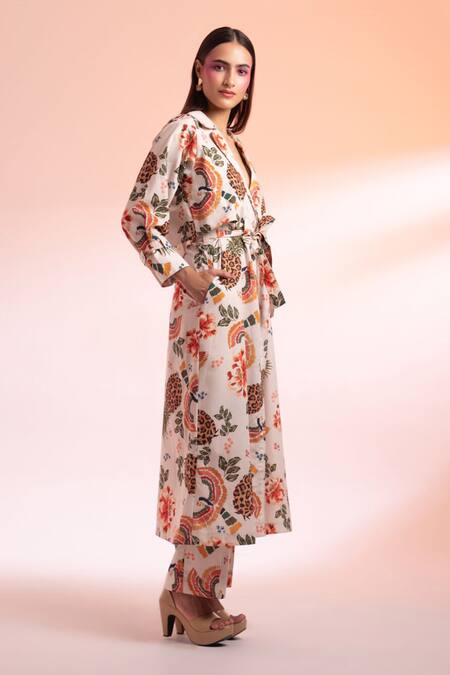 Buy Gazab by Miku Kumar Multi Color Linen Collared Parc Floral De Paris Trench Jacket With Pant Buy_Gazab by Miku Kumar_Multi Color Linen Collared Parc Floral De Paris Trench Jacket With Pant