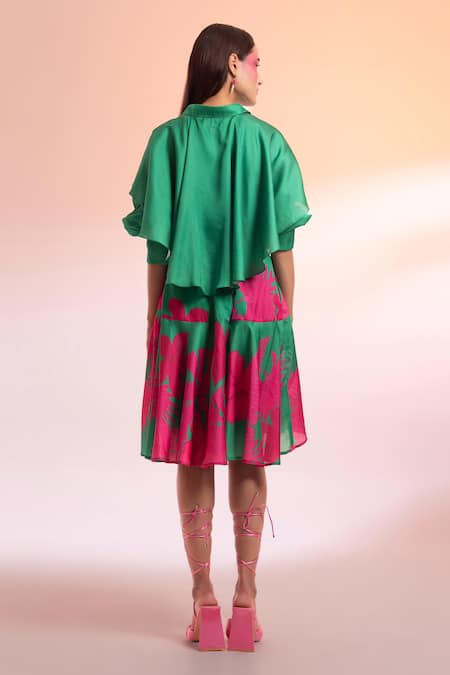 Shop Gazab by Miku Kumar Green Silk Shawl Neck Midnight In Paris Draped Shirt With Printed Skirt at Aza Fashions Shop_Gazab by Miku Kumar_Green Silk Shawl Neck Midnight In Paris Draped Shirt With Printed Skirt _at_Aza_Fashions