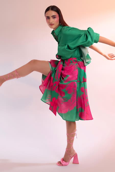 Gazab by Miku Kumar Green Silk Shawl Neck Midnight In Paris Draped Shirt With Printed Skirt Online at Aza Fashions Gazab by Miku Kumar_Green Silk Shawl Neck Midnight In Paris Draped Shirt With Printed Skirt _Online_at_Aza_Fashions